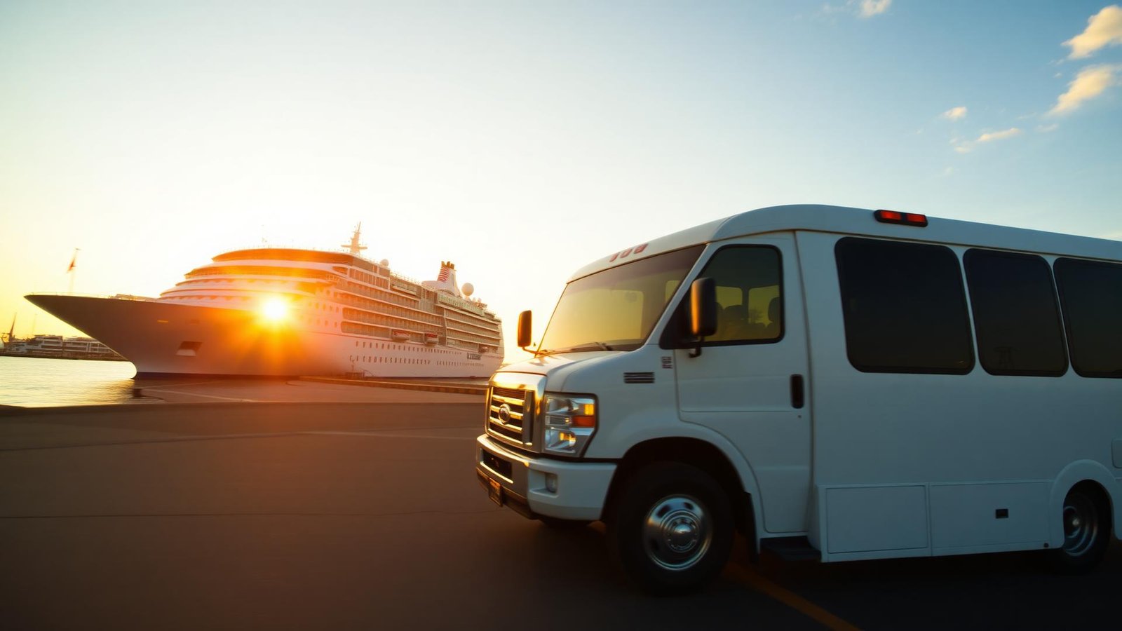 Shuttle van arriving at Port of Galveston cruise terminal at sunset
